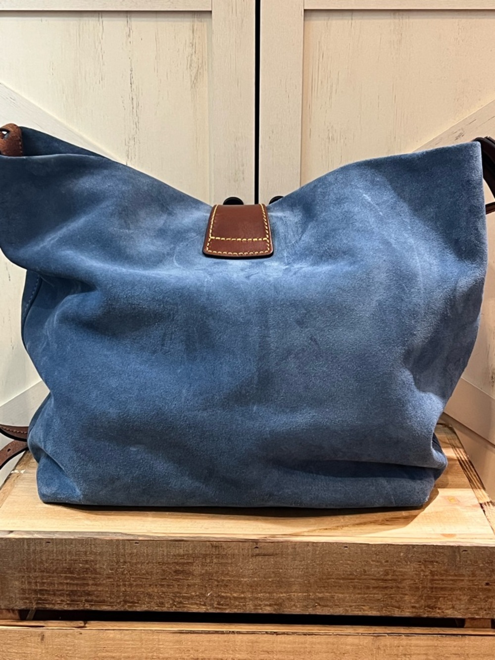 Dooney & Bourke Blue Suede Slouchy Hobo Shoulder Bag Leather Accents - Picture 4 of 13